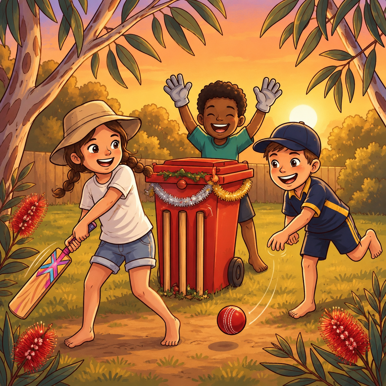 Children playing backyard cricket during the school holidays